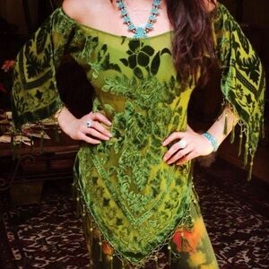 Burnout silk velvet Green Off-Shoulder Dress with Floral Patterns